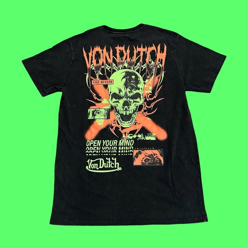 Von Dutch Graphic T-Shirt Skull "Open Your Mind" Black Y2K Men's Medium